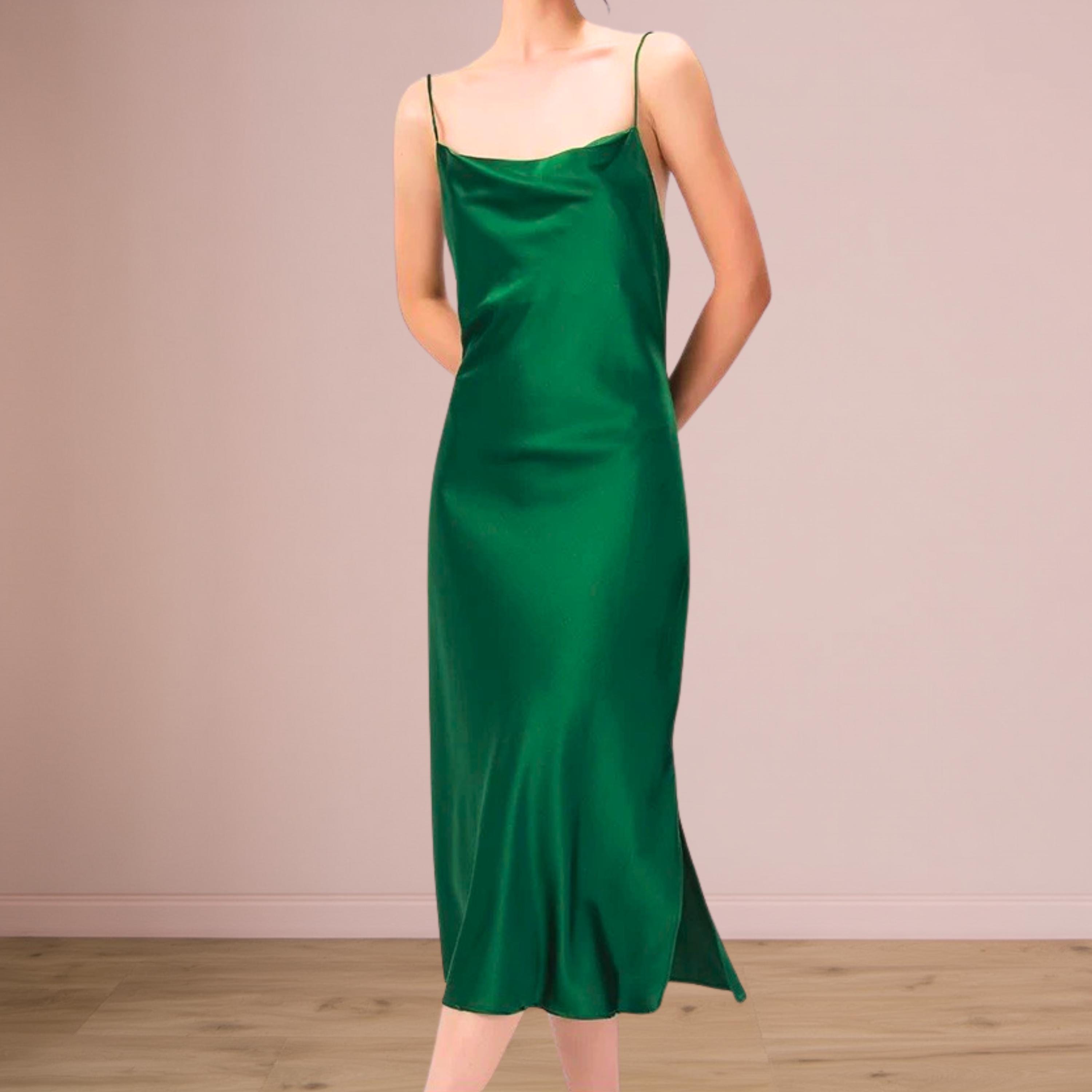 Emerald Green Cowl Neck Satin Dress - Etsy