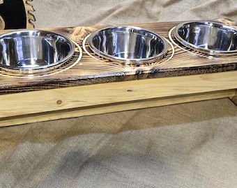 Rustic Elevated Dog Feeder | 3-Bowl Wood Stand, Personalized