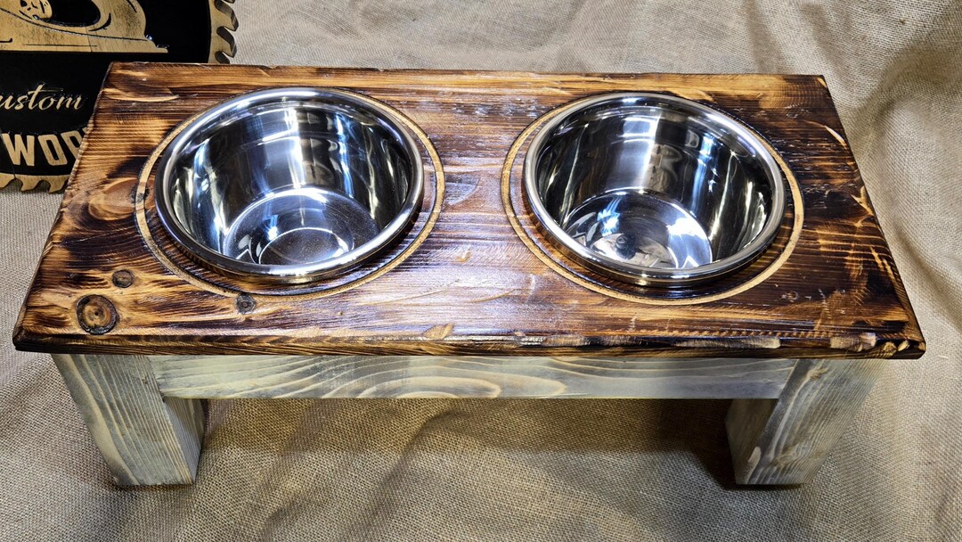 Rustic Elevated Dog Bowl Stand | Hand-torched Wood, Stainless Steel ...