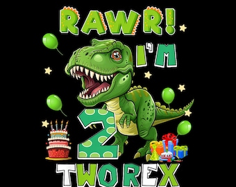 Zwei Rex Dinosaurier 2.Geburtstag PNG, Kindergeburtstag Outfit (Digitaler Download)