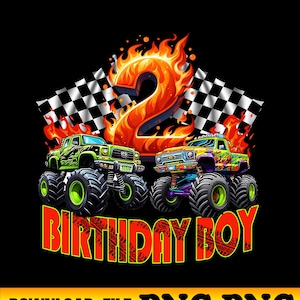 Könnte beinhalten: Eine digitale Illustration mit zwei Monstertrucks, einer brennenden Zahl 2 und karierten Flaggen auf schwarzem Hintergrund. Der Text "BIRTHDAY BOY" ist rot, mit "DOWNLOAD FILE PNG PNG" unten.