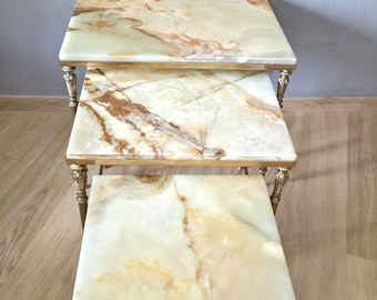 Exclusive Heavyweight Vintage Neoclassical Nesting Tables - Set of 3 - Solid Brass & Natural Onyx - c. 1960s/1970s