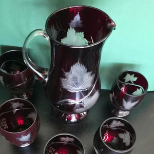 Vintage Ruby Red Cut-to-Clear Glass Liqueur / Wine Set - 6 Pieces