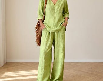 Women’s Casual 2 Piece Set | V-Neck Long Sleeve Top & Cotton Lounge Pants, Soft Washable Matching Outfit