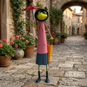 Puede incluir: Una figura de rana de metal con abrigo rosa y falda azul, sosteniendo un paraguas rojo sobre su cabeza y un paraguas amarillo cerrado en la mano. La rana tiene cara verde, ojos amarillos y lleva botas azul oscuro sobre un camino de piedra.