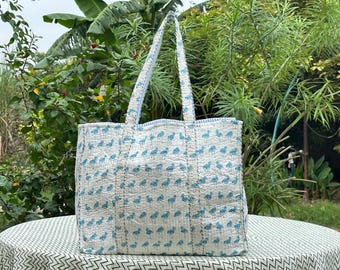 Handmade Quilted Floral Tote Bag Reversible Cotton Shopper