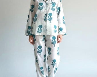 Hand Block Printed Organic Cotton Pajama Set Long Sleeve Relaxed Fit Ethical Women’s Nightwear