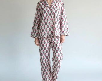 Pigiama da donna in cotone stampato a mano sostenibile, traspirante, stile boho, da notte