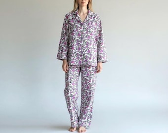 Handmade Eco-Friendly 100% Organic Cotton Pajama Set Floral Block Print Night Suit Women