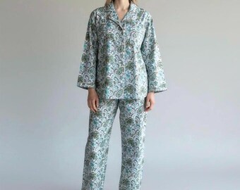 Pure Organic Cotton Handmade Pajama Set Indian Block Print Eco Sleepwear Breathable Night Suit