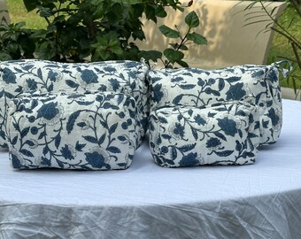 Quilted Cotton Makeup Bag Set, Floral Cosmetic Pouch, Zipper Toiletry, Travel Wash Bag Organizer