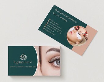 May include: Business cards for a salon owner, featuring a teal and peach color scheme. One card displays a close-up of an eye with long lashes, the other shows a woman receiving an eyelash extension treatment. Contact information is included.