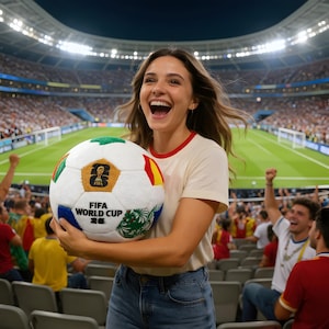 May include: A person holding a FIFA World Cup 2026 football in a stadium. The ball is white with colourful panels and the FIFA logo. The person is wearing a cream t-shirt with a red trim and blue jeans.