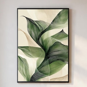 Minimalistische botanische lijnkunstprint – Abstract groen blad digitale download, moderne natuurmuurkunst