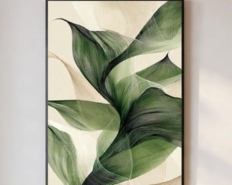 Minimalist Botanical Line Art Print – Abstract Green Leaf Digital Download, Modern Nature Wall Art