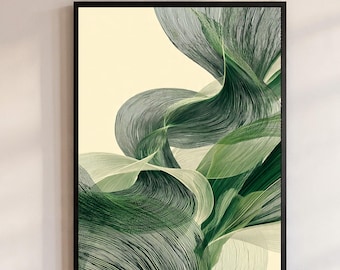 Abstrakcyjny botaniczny wydruk ścienny, zielona minimalistyczna grafika liniowa, nowoczesna dekoracja do druku inspirowana naturą