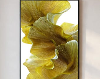 May include: Abstract art print featuring a close-up of flowing, textured forms in shades of yellow and gold. The artwork is framed in a black border, creating a striking contrast against the white background. The piece evokes a sense of movement and depth.