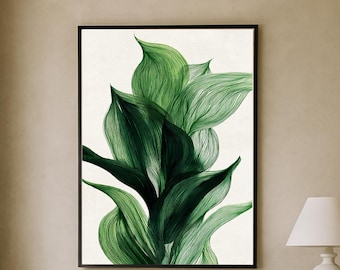 Minimalist Botanical Line Art Print – Green Leaf Abstract Digital Download for Modern Wall Decor.