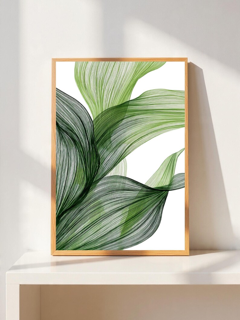 Abstract Botanical Line Art Printable, Green Leaf Wall Art, Minimalist ...