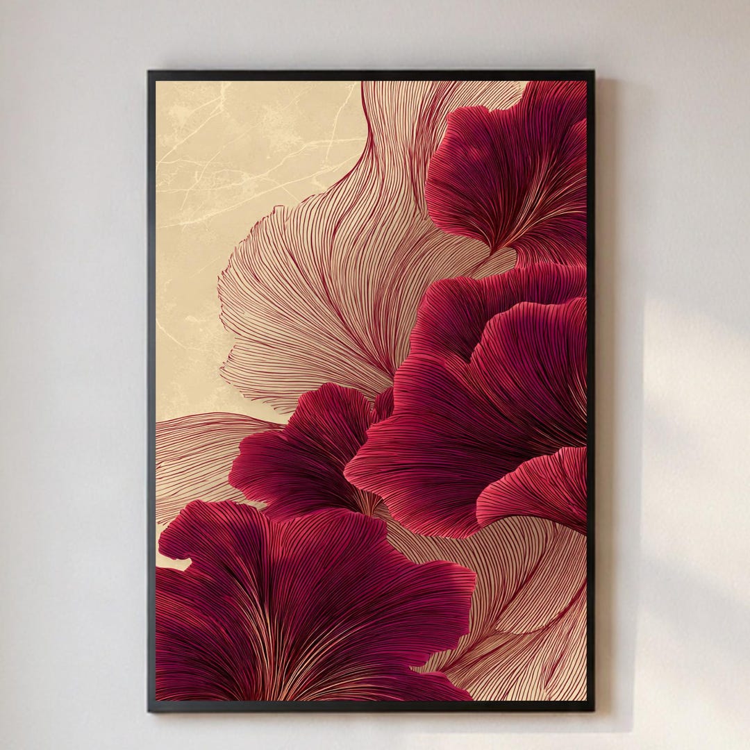 Burgundy Floral Line Art Print, Abstract Botanical Wall Decor (digital ...