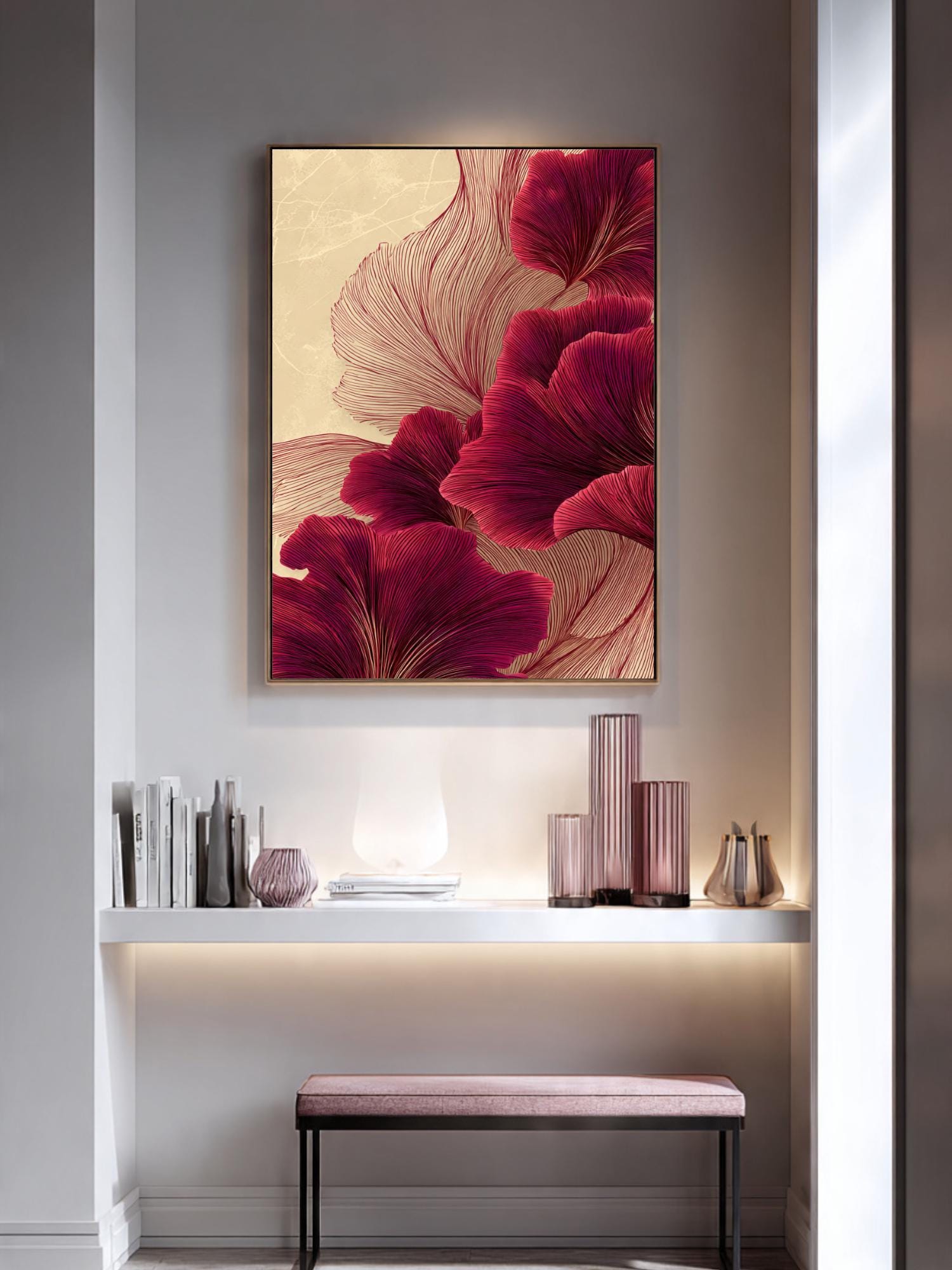 Burgundy Floral Line Art Print, Abstract Botanical Wall Decor (digital ...