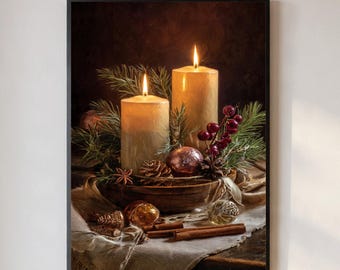 Christmas Candle Still Life Print Vintage Christmas Wall Art Cozy Holiday Decor Printable Rustic Candle Artwork