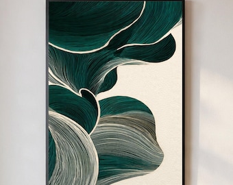 緑の抽象的な線画の印刷可能 | モダンなオーガニックウォールアート | ミニマリストなニュートラルなインテリア | スカンジナビア風Japandi