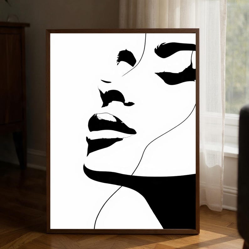 Minimalist Female Face Line Art Print, Abstract Woman Wall Art, Black ...