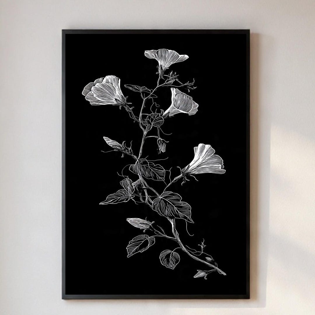 Vintage Botanical Print Black and White Wall Art, Dark Floral Line Art ...