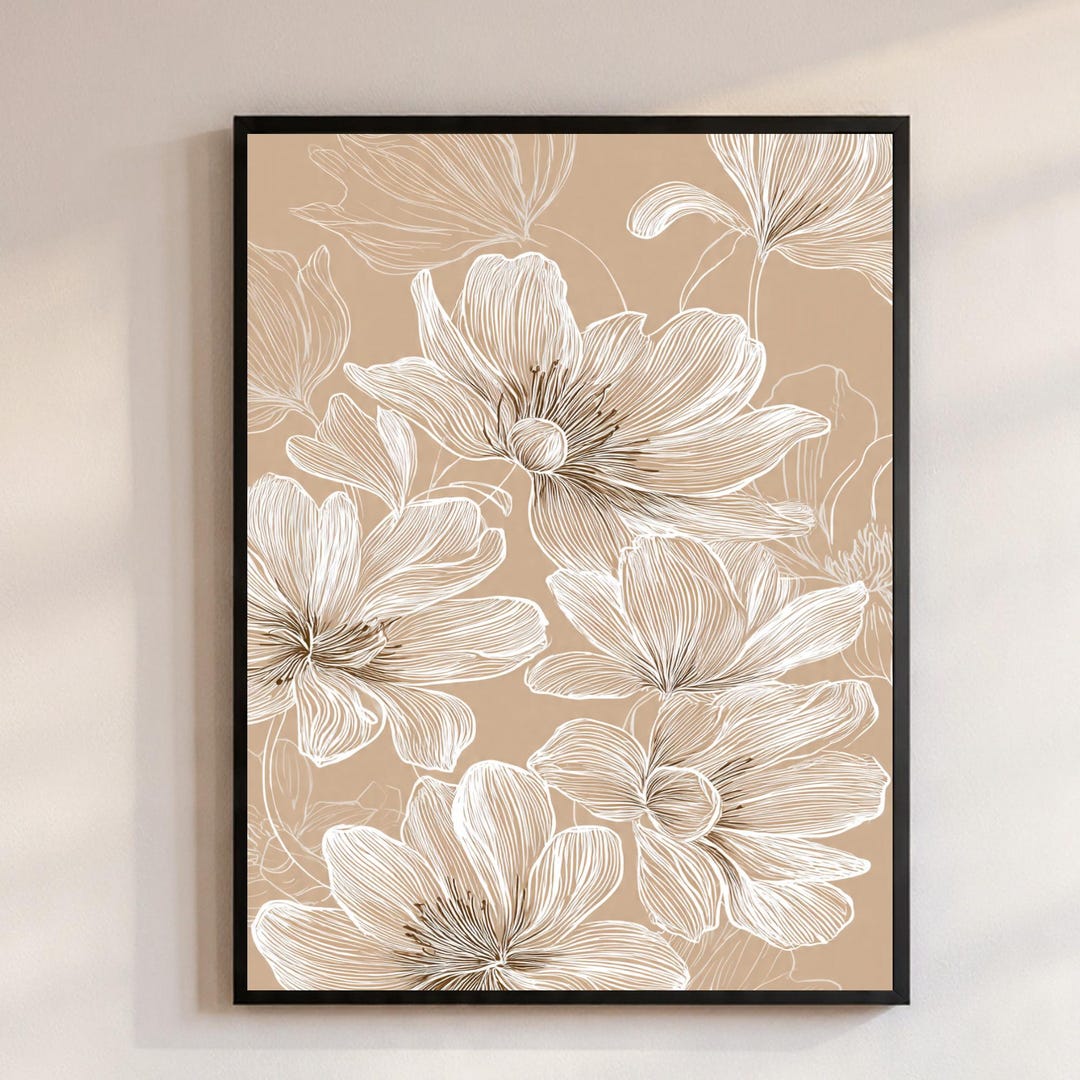 Minimalist Floral Line Art Printable, Neutral Botanical Wall Art, Beige ...