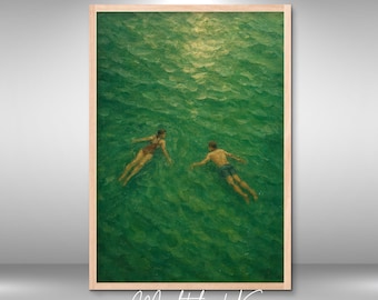 Vintage Swimmers Oil Painting Print, Green Sea Coastal Art (Digital Download)
