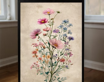 Vintage Wildflower Botanical Print, Cottagecore Floral Wall Art, Printable Flower Illustration