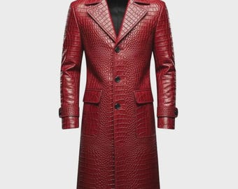 本物のクロコダイルレザーロングコート - テーラードフィット