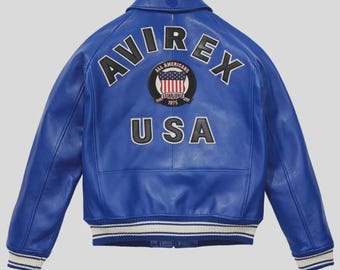 Leren bomberjack van Avirex Varsity / blauwe leren streetwear-jas uit de VS.