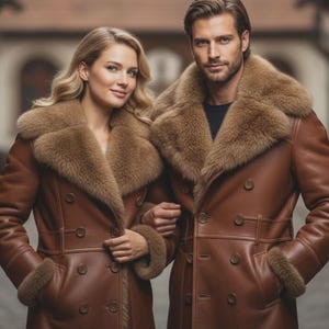 May include: A couple in matching brown leather coats with fur collars and cuffs. The coats feature a double-breasted design and large buttons. The background is a blurred outdoor setting.