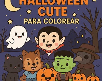 May include: A Halloween-themed illustration featuring cartoon characters like a ghost, vampire, werewolf, Frankenstein's monster, and a plague doctor. The image includes pumpkins, a crescent moon, stars, and the words "HALLOWEEN CUTE PARA COLOREAR".