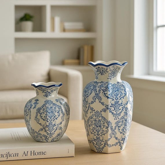 久谷陶泉窯陶印入り青と白の手描き陶器花瓶 久谷陶泉窯陶印入り青と白の手描き陶器花瓶 九谷青窯 - 久谷陶泉窯陶印