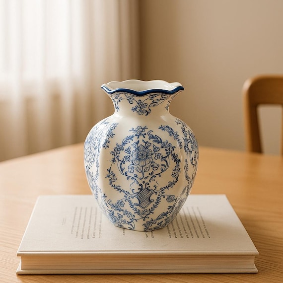 手描きの青と白の磁器の花瓶。リビングルームの装飾、玄関、または