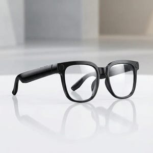 May include: Black-framed spectacles with clear lenses. The glasses feature a modern design with thick, square frames and sleek arms. The image is well-lit, highlighting the spectacles' shape and details. The overall aesthetic is minimalist and contemporary.