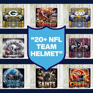 May include: A selection of NFL team helmet designs on insulated tumblers. The tumblers display team logos and colours, including the Green Bay Packers, San Francisco 49ers, Los Angeles Rams, Houston Texans, Detroit Lions, New Orleans Saints, and Kansas City Chiefs. Text reads "20+ NFL TEAM HELMET".