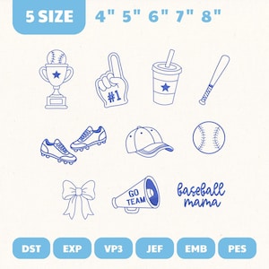Könnte beinhalten: Blaue Strichzeichnungen mit Baseball-Motiven, darunter eine Trophäe, ein Schaumstoff-Finger, ein Getränkebecher, ein Baseballschläger, Stollen, eine Baseballkappe, ein Baseball, eine Schleife, eine Megaphon mit "GO TEAM" und der Text "baseball mama". Größen von 10.16cm bis 20.32cm.