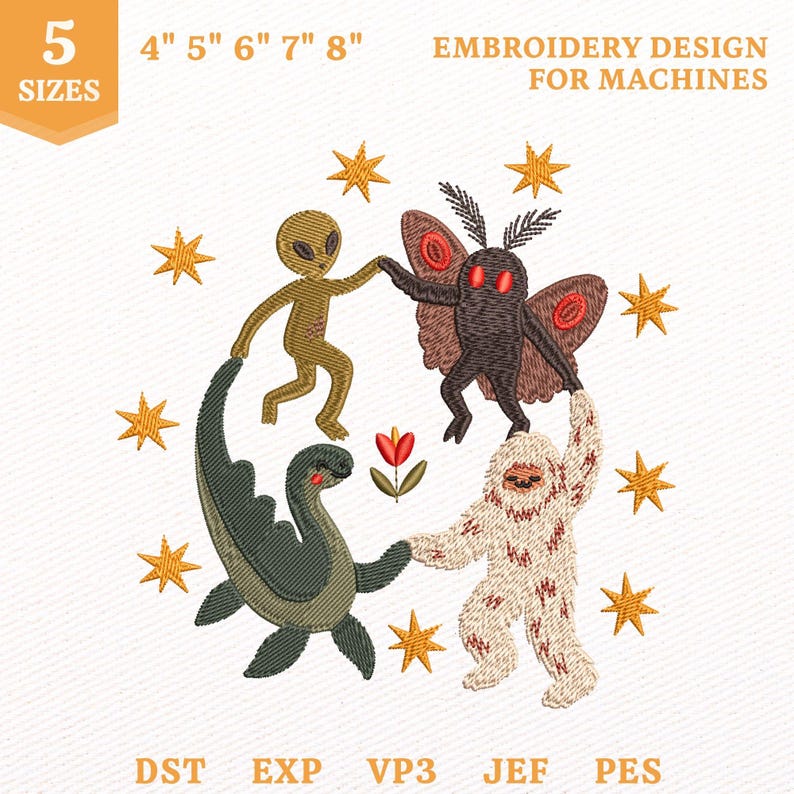 Op de afbeelding: Machinaal borduurontwerp met een alien, een mot-wezen, een dinosaurus en een yeti die elkaar in een cirkel bij de hand houden. Omringd door gele sterren en een kleine bloem. Tekst 5 SIZES 4" 5" 6" 7" 8" EMBROIDERY DESIGN FOR MACHINES DST EXP VP3 JEF PES.