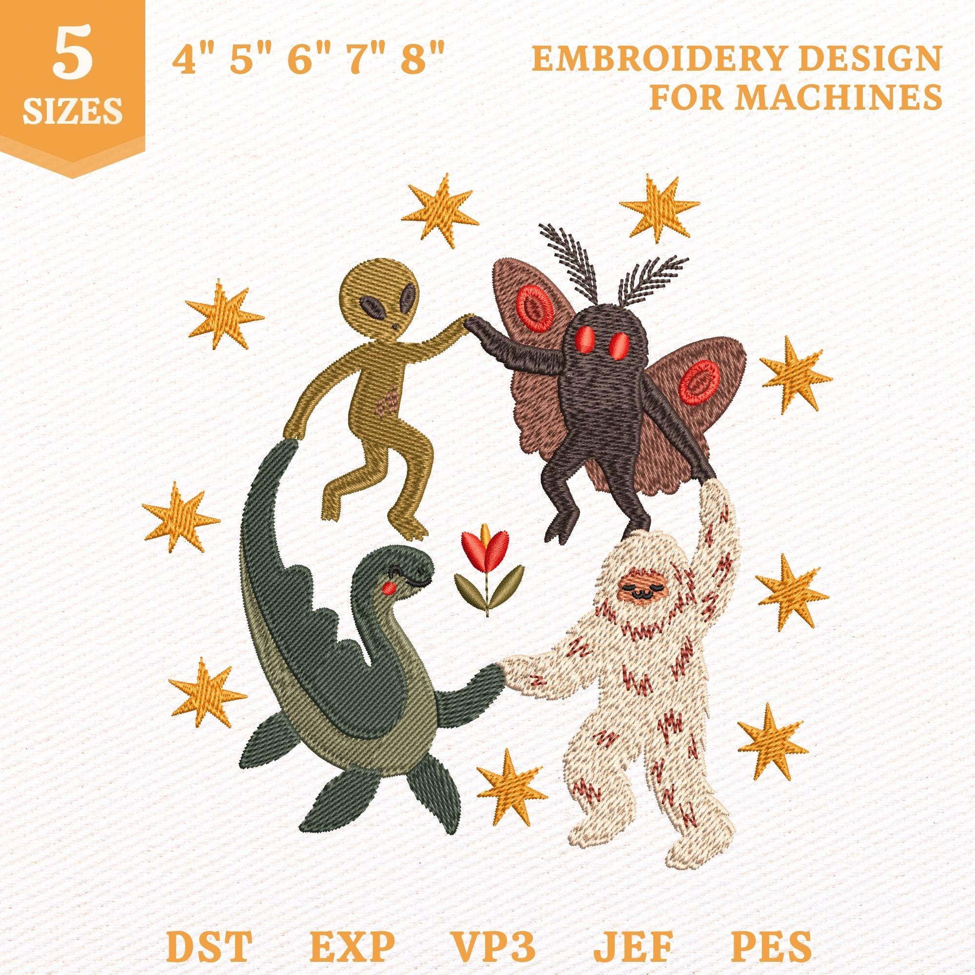 Borduurpatroon voor de borduurmachine: Dansende Cryptiden, Bigfoot, Mothman, Alien Design (Direct te downloaden)