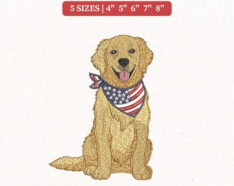 May include: Embroidery design featuring a golden retriever wearing a patriotic bandana with the American flag. The design includes the text "EMBROIDERY DESIGN" and size options from 4 to 8 inches. File formats include DST, EXP, VP3, JEF, EMB, and PE8.