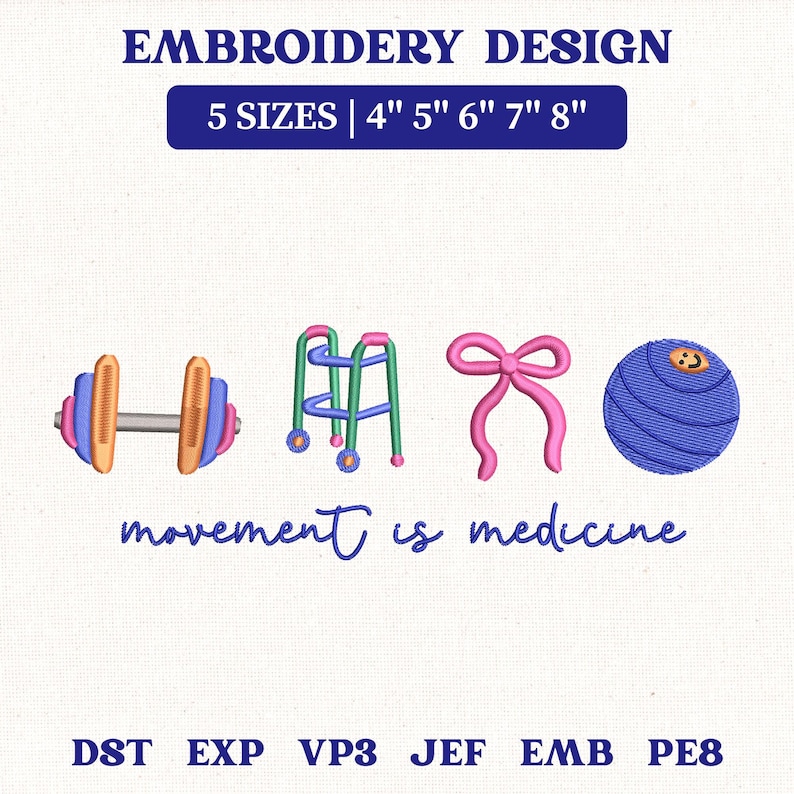 Puede incluir: Dise&ntilde;o de bordado con iconos de fitness: una mancuerna, un andador, un lazo y una pelota de ejercicios azul. Incluye el texto "movement is medicine". Disponible en 5 tama&ntilde;os: 10,16 cm, 12,7 cm, 15,24 cm, 17,78 cm y 20,32 cm.