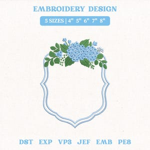 May include: An embroidery design featuring a light blue floral arrangement atop a decorative frame. The design includes the text "EMBROIDERY DESIGN" and "5 SIZES | 4" 5" 6" 7" 8"" in light blue. The design is available in DST, EXP, VP3, JEF, EMB, and PE8 formats.
