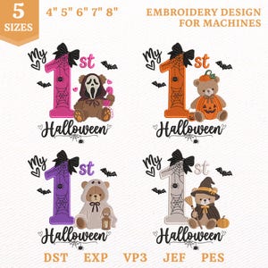 Può includere: Quattro disegni per ricamo a macchina con il testo My 1st Halloween. Ogni disegno include un grande numero uno con motivo a ragnatela, un fiocco nero e un orsacchiotto in diversi costumi: maschera da fantasma, zucca, mantello e strega.