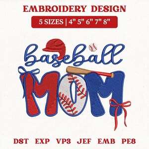 Könnte beinhalten: Baseball Mom Stickdesign in Rot und Blau, mit Baseball, Schläger und Kappe. Das Design enthält den Text "Baseball Mom" und ist in 5 Größen erhältlich: 10 cm, 13 cm, 15 cm, 18 cm und 20 cm.