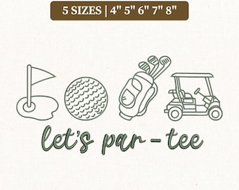 Op de afbeelding: Een borduurontwerp met golfelementen: een vlag op een green, een golfbal, een golftas met clubs en een golfkar. De tekst "let's par-tee" is inbegrepen. Verkrijgbaar in 5 maten: 10 cm, 13 cm, 15 cm, 18 cm en 20 cm.