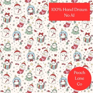 May include: A repeating pattern on a cream background featuring cartoon ghosts in Christmas attire, including Santa hats, stockings, gift boxes, and snow globes. Text in red boxes reads 100% Hand Drawn No AI and Peach Lane Co.